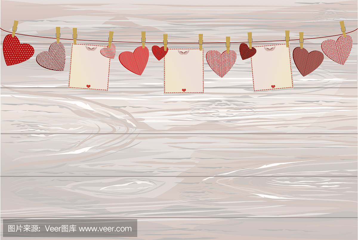 红心和三张空白纸,上面有一幅画挂在绳子上。情人节。矢量插图。贺卡与空白空间为您的标签或广告。在木制的背景上